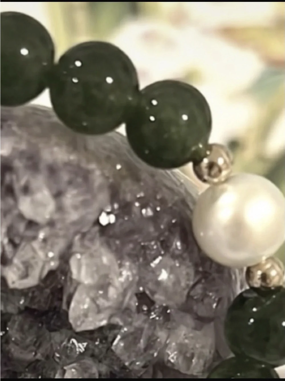NWT Natural Green Jade & Freshwater Pearl Stretch Bracelet with 14K Solid Gold
